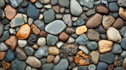 A pebbled riverbed with small, irregular stones of varying colors and shapes, showing the texture of each rock under clear water 