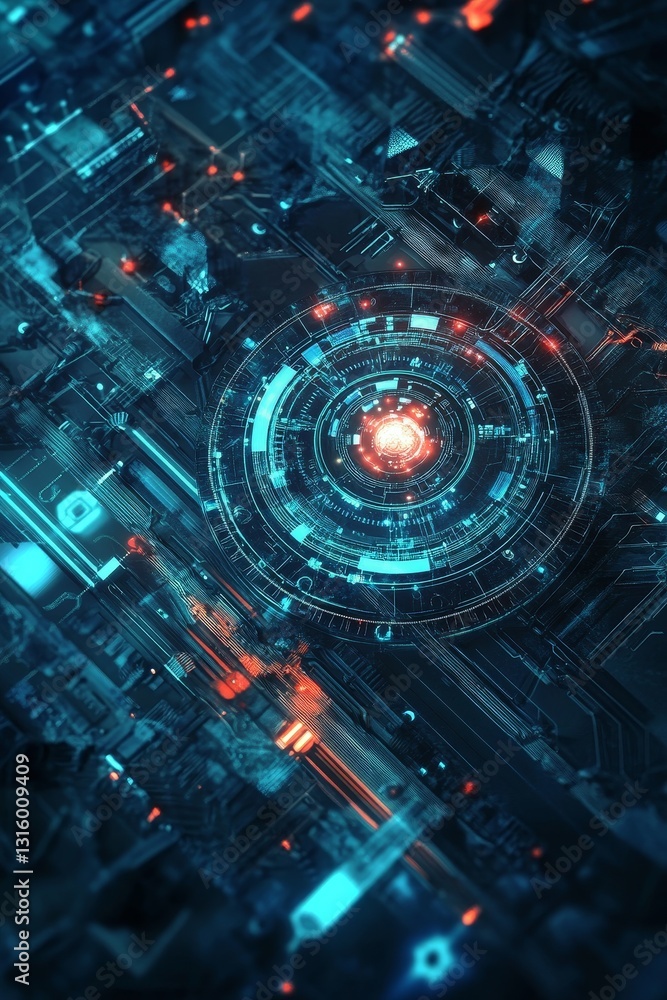 Canvas Prints explore a vibrant and intricate digital circuit board design featuring glowing blue and red elements