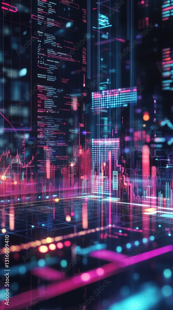 Poster futuristic data visualization in neon colors for technology concepts