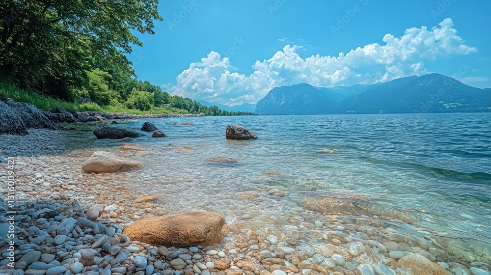 Aufkleber a pebbled shore with stones of various sizes, from tiny, smooth pebbles to large, jagged rocks, crea