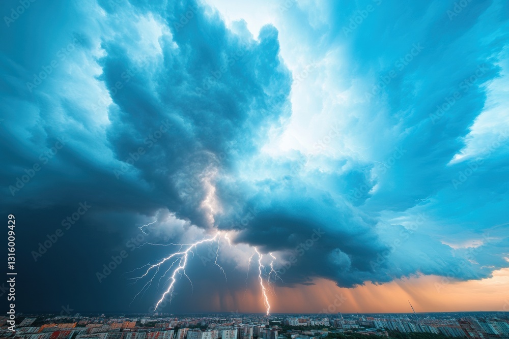 Aufkleber atmospheric climate disruption electrifying urban lightning visualization - dramatic meteorological 