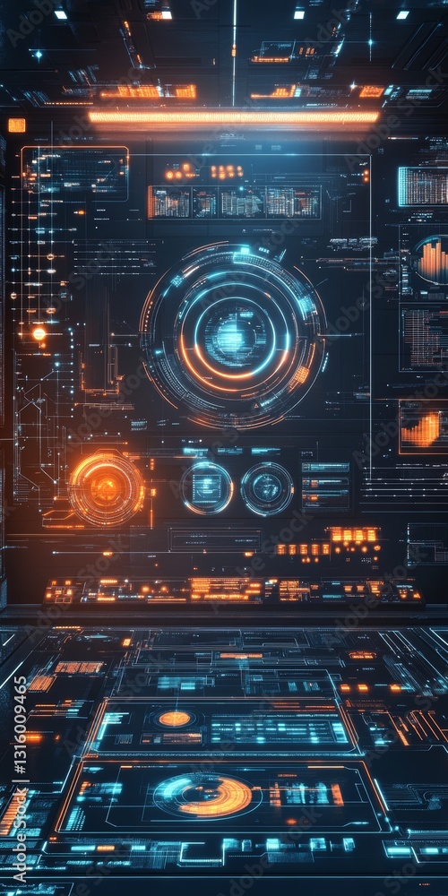 Aufkleber a captivating futuristic digital interface featuring neon elements and intricate data visualization.