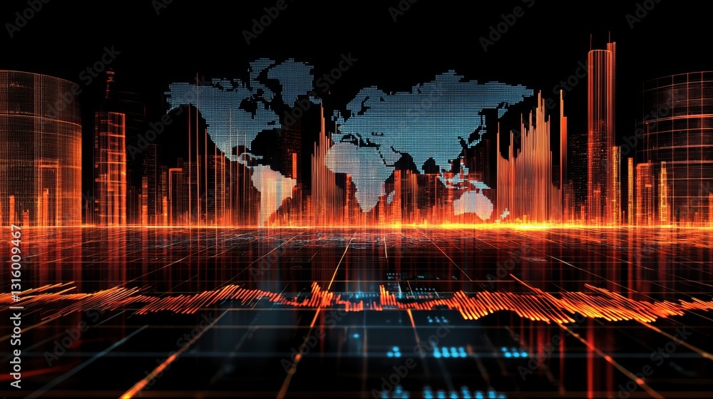Poster dynamic world map visualization with digital data flow in a futuristic city interface