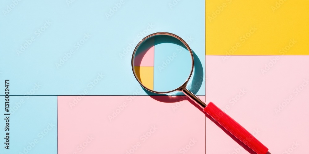 Aufkleber Minimalist Color Block Research Precision Magnifying Glass in Vibrant Pop Art Style - Innovative Visual Analytics for Digital Marketing Insights