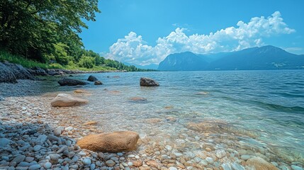 A pebbled shore with stones of various sizes, from tiny, smooth pebbles to large, jagged rocks, creating a varied texture 