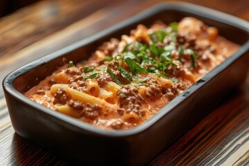 Penne bolognese with pink sauce in a small black rectangular ceramic dish