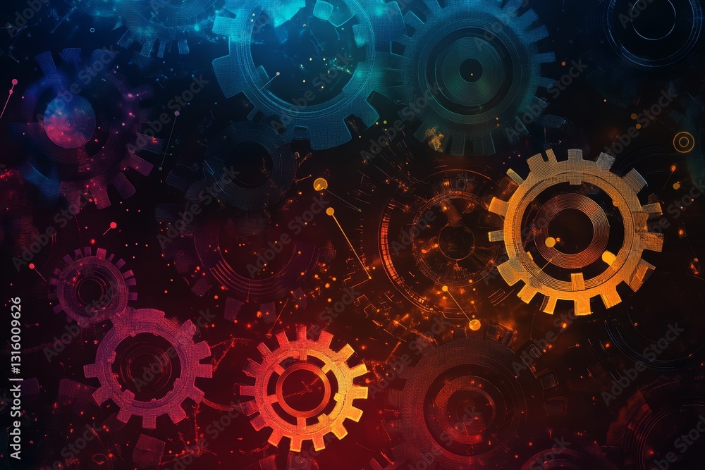 Poster this vibrant image showcases an abstract composition of colorful gears and cogs. the dynamic contras