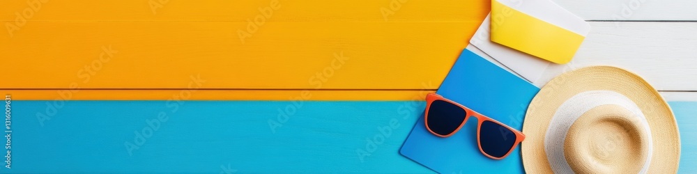 Poster minimalist summer workspace vibrant color-block design with sunglasses and coffee - inspiring creati