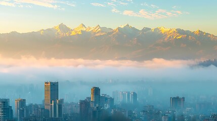 Fototapeta premium Breathtaking panorama captures a cityscape veiled in mist at sunset, set against majestic snow-capped mountains