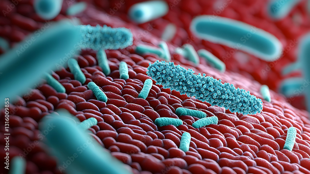Poster microscopic view of teal bacteria on a textured red cellular surface with depth of field