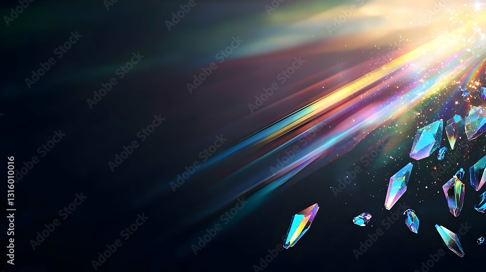 Poster vivid light beams and iridescent crystal shards scatter across dark background with rainbow spectrum