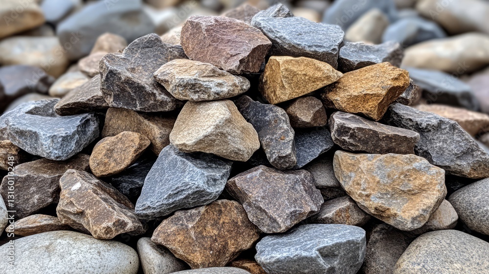 Poster a pile of pebbles with a mix of sizes and shapes, each stone having its own distinctive texture, fro