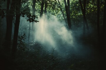 Obraz premium A serene forest scene featuring soft mist rising among trees. The atmosphere captures a tranquil moment at dusk, inviting exploration and reflection.