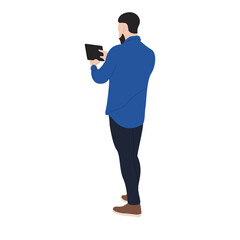 Man using tablet, back view, white background, website