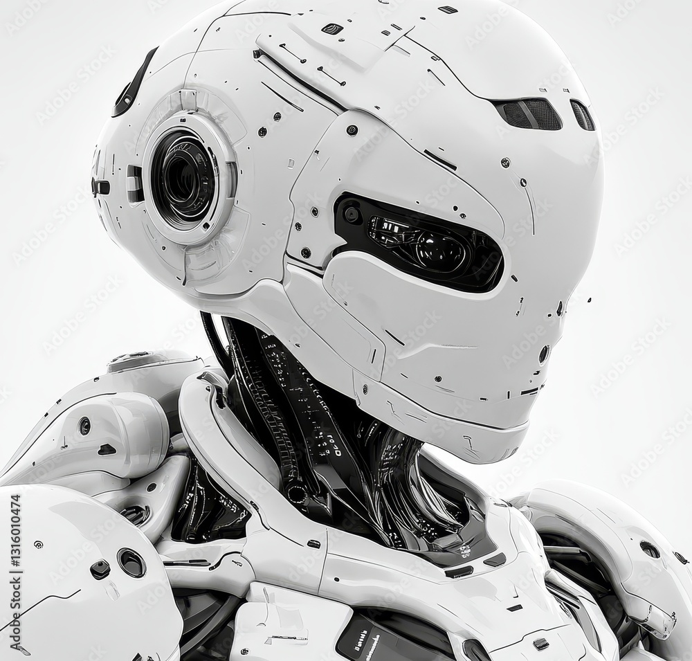 Poster a futuristic cyborg with a humanoid ai design is depicted in a 3d render from the side, showcasing a