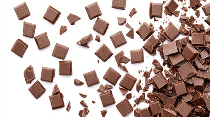 Scattered Pieces of Dark Chocolate on White Background Creating a Delicious Gourmet Atmosphere with Textured Detail and Rich Flavor