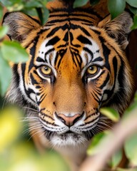 Obraz premium Eco-Critical Wilderness Narrative Majestic Bengal Tiger Portrait in Biodiverse Jungle Ecosystem - Conservation Storytelling for Endangered Species Awareness