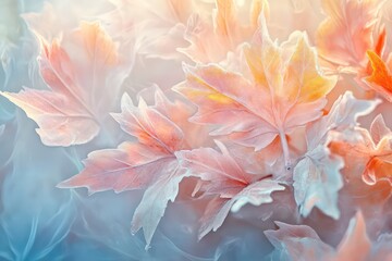 Frost-covered maple leaves glowing under soft autumn light, capturing the essence of seasonal change.