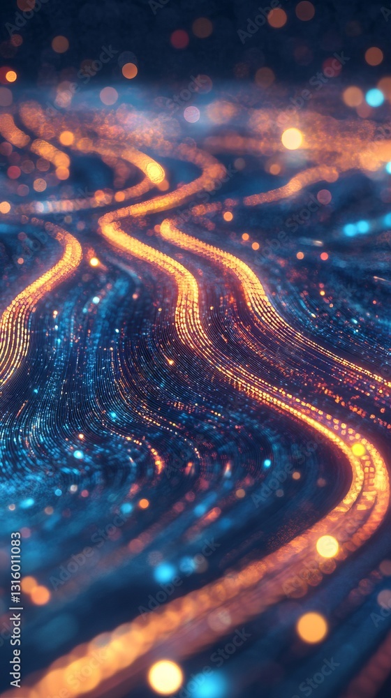 Poster explore a mesmerizing visual of glowing lines that represent data flow in a vibrant, abstract spa en