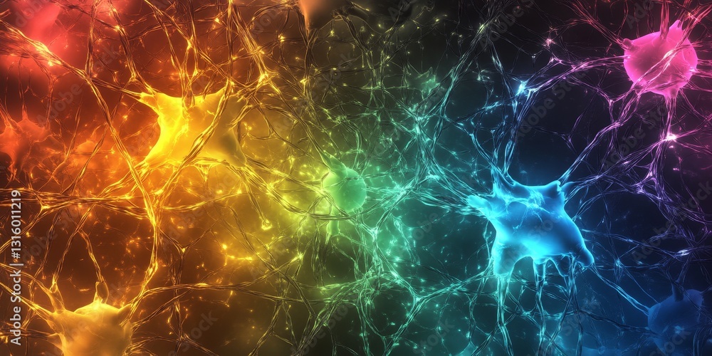 Poster a colorful image of neurons with a rainbow of colors. the image is abstract and has a dreamy, surrea
