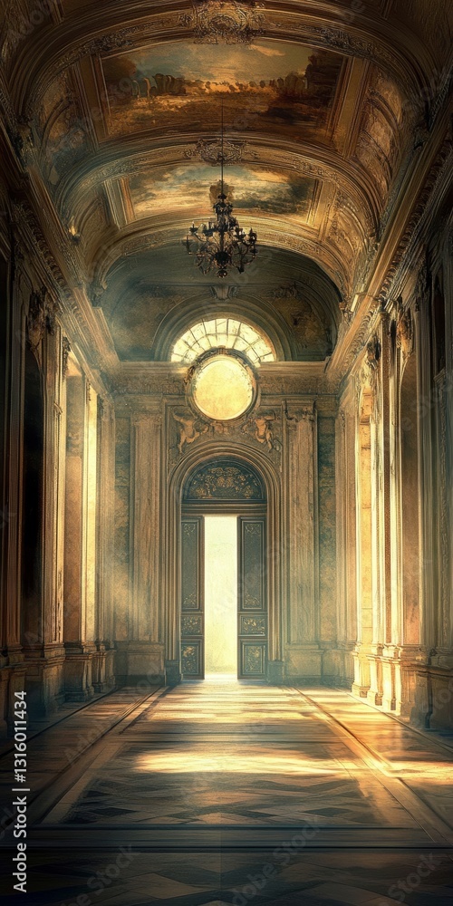 Poster a stunning view of an elegant hallway featuring ornate design elements and a bright entrance illumin