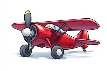 Red biplane airplane on ground, clear sky background; children's book illustration