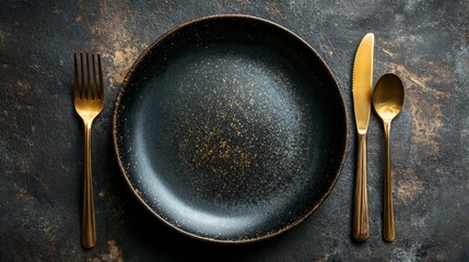 The top view of an exquisite dark gray textured plate is surrounded by the refined accents of a golden knife and fork, a black cup, and an ornamental plant, embodying the essence of a high-end