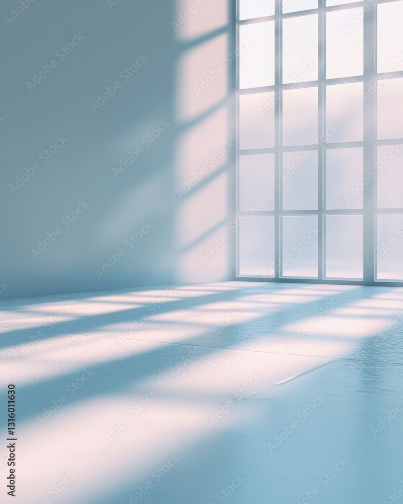 Poster serene interior with sunlight streaming through window casting geometric shadows on floor creating p