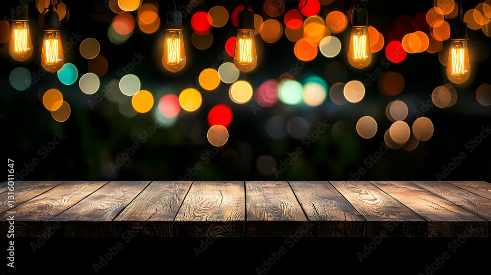 Poster rustic wooden table top with festive string lights and colorful bokeh effect background for holiday 