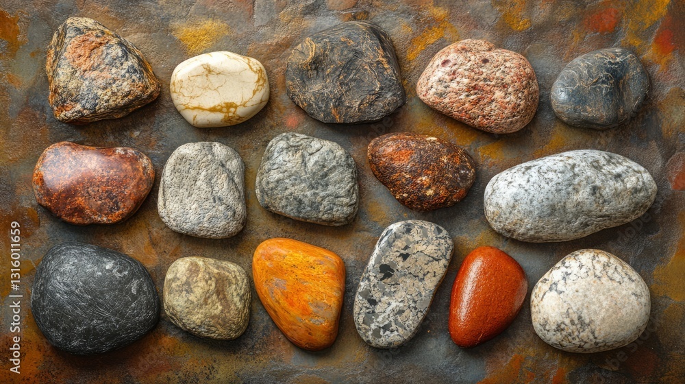 Poster a scene showing a collection of pebbles with various textures, including shiny, rough, and matte fin