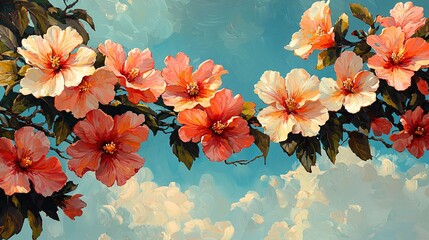 Vibrant Hibiscus Flowers Against a Serene Sky with Soft Clouds and Lush Green Leaves