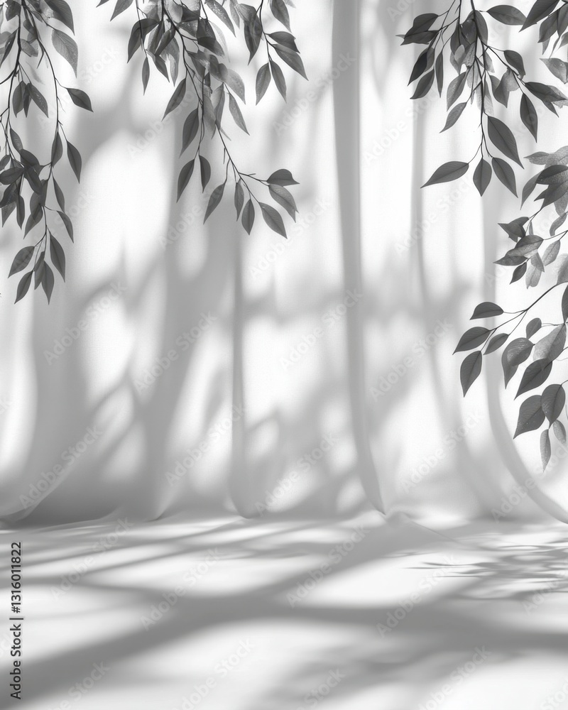 Poster elegant monochrome studio backdrop with flowing fabric and botanical shadows creating a serene and i