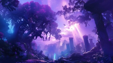 Obraz premium Ethereal Purple Forest with Ancient Ruins at Dawn - Fantasy Landscape