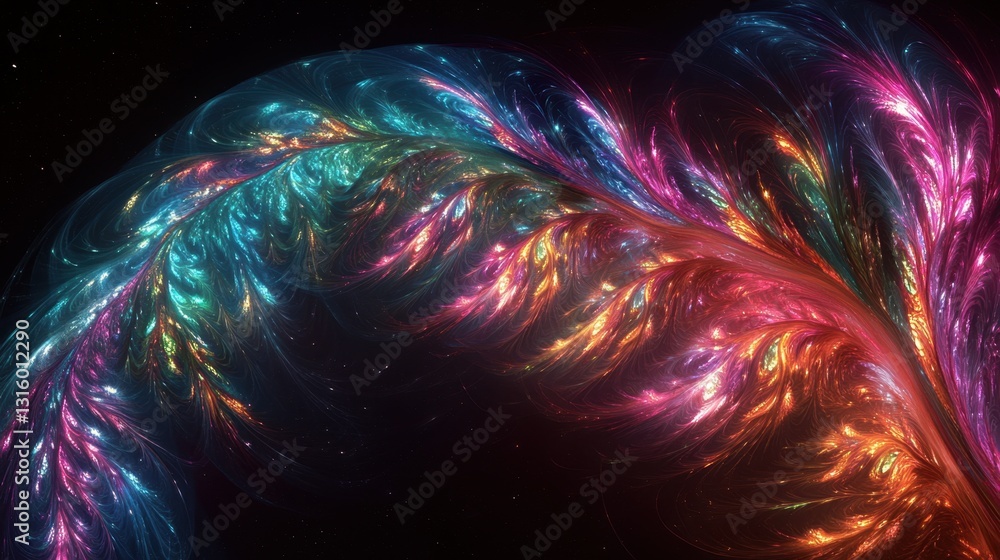 Poster abstract fractal art with vibrant colors and intricate patterns in a dark cosmic space background fo