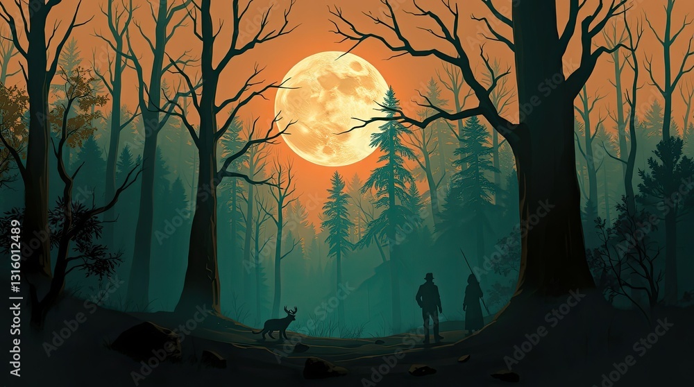 Poster two figures stand in a dark forest as a full moon illuminates the scene casting eerie shadows on tow