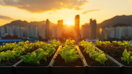 Fototapeta premium Urban Eco-Revolution Sunset Rooftop Micro-Farming Transforms Cityscapes with Sustainable Green Living and Innovative Agricultural Technology