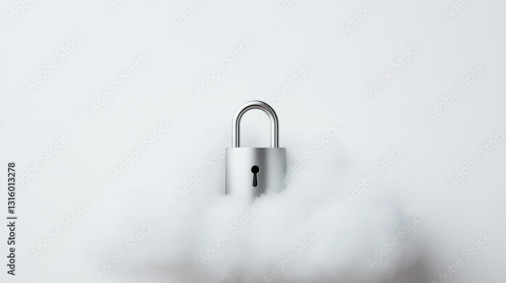 Poster minimalist cloud security innovation sleek metallic padlock symbolizing digital protection, cybersec