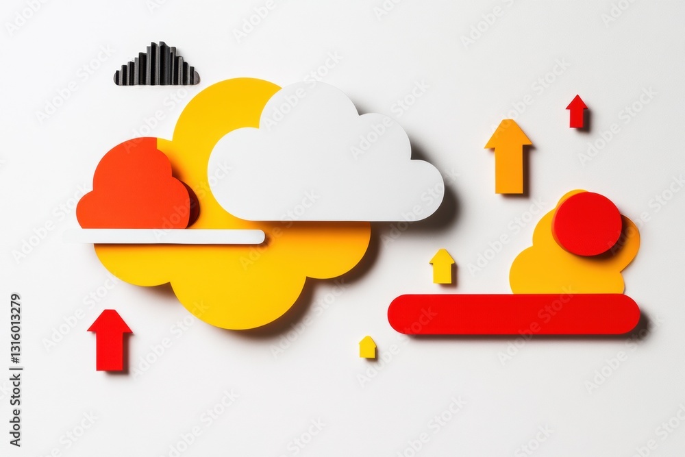 Poster Minimalist Cloud Computing Visualization Dynamic Paper Cut Geometric Infographic Showcasing Digital Transformation, Data Migration, and Tech Innovation Trends