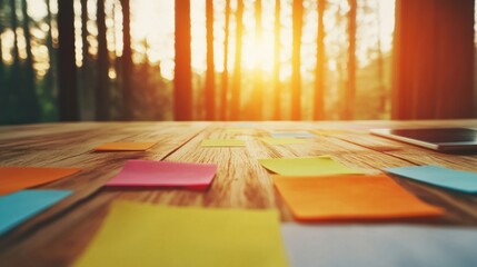 Biophilic Strategy Session Sunset-Illuminated Collaborative Workspace with Vibrant Sticky Notes - Hybrid Workforce Innovation and Creative Brainstorming Techniques