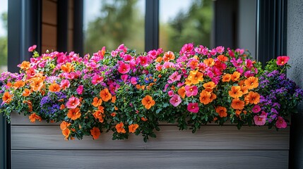 Fototapeta premium Vibrant Floral Display in a Modern Balcony Planter with Colorful Petunias and Blossoms in Springtime
