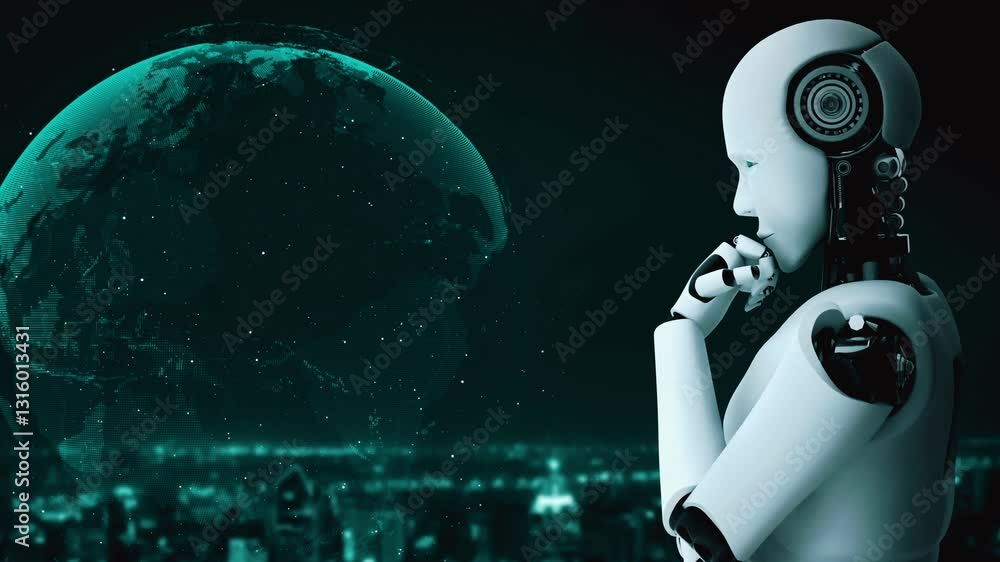 Poster ai robot huminoid uses cloud computing technology to store data on online server . futuristic concep