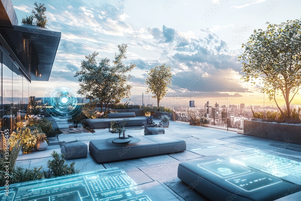 Poster holographic ai interfaces manage encryption on rooftop.