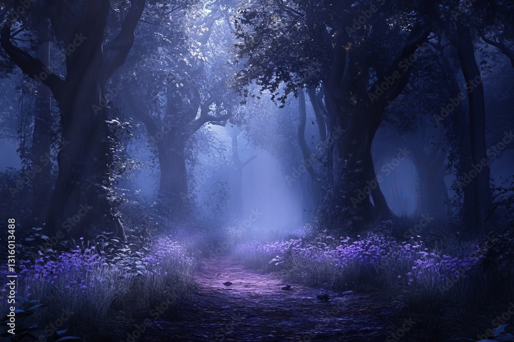 Poster explore a serene and enchanting forest path shrouded in fog, illuminated by soft light. ethereal pur