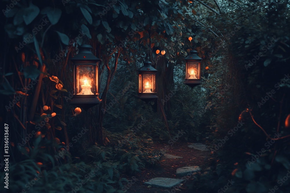Poster a serene forest pathway illuminated by glowing lanterns creates a magical atmosphere. soft lights an