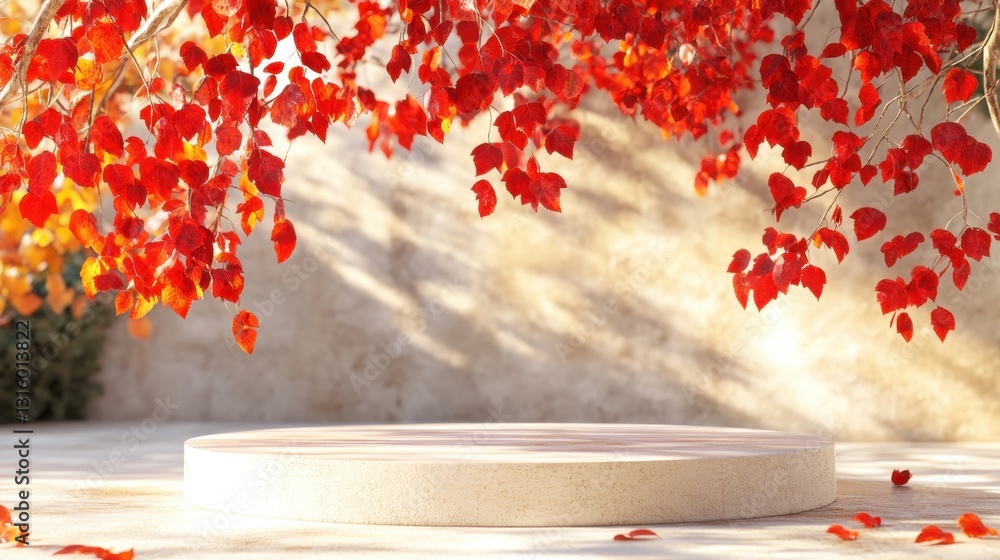Poster elegant autumn showcase with vibrant red leaves and a minimalist podium bathed in soft natural light