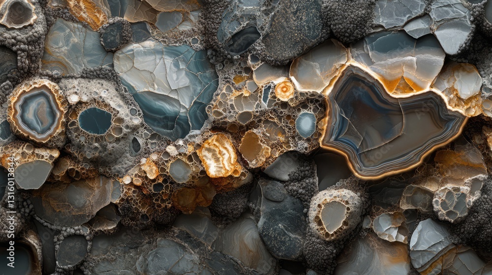 Poster a top-down view of a collection of pebbles in shades of gray and brown, with intricate details and v