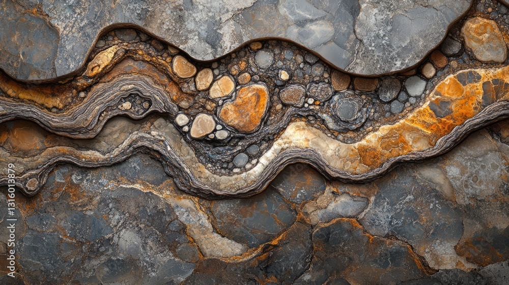 Poster a top-down view of a collection of pebbles in shades of gray and brown, with intricate details and v