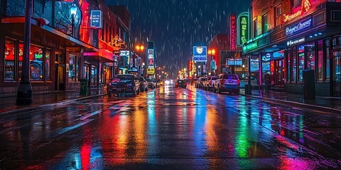 A Vibrant Rainy Night on the Streets of Downtown with Neon Lights
