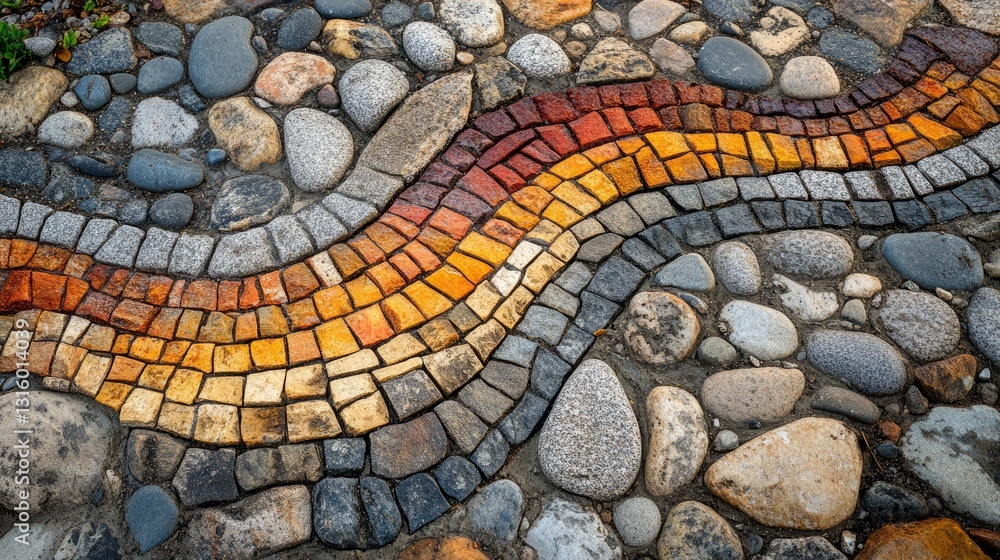 Aufkleber a top-down view of a pebbled pathway, with the texture of the stones varying in size and color, crea