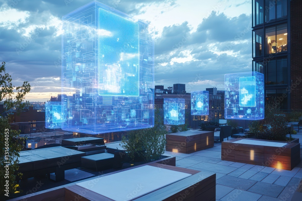 Poster floating holograms for ai-driven talent strategies on rooftop.